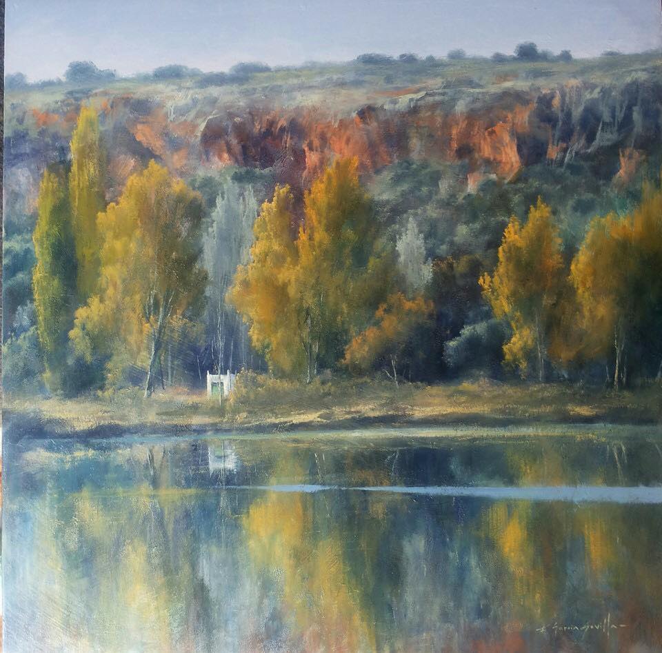 Reflejada la presencia de su alma en las aguas de otoño - Óleo madera preparada - 40x40