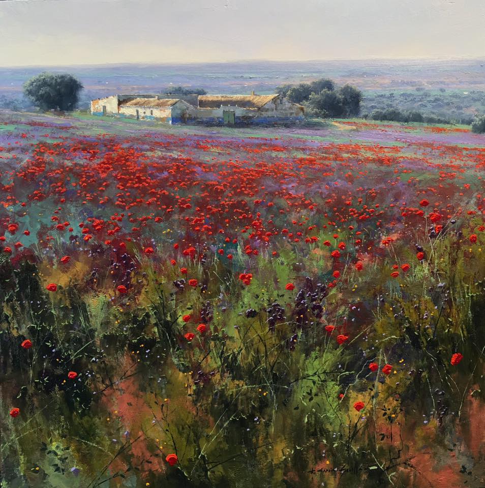 Amapolas y casa de pastores - Óleo madera preparada - 40x40