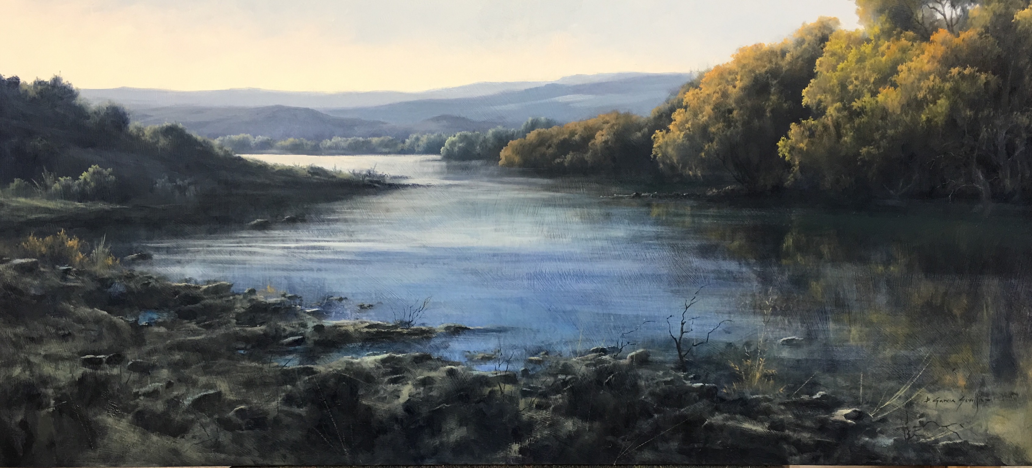 Otoño en el pantano del chorro - Óleo sobre madera preparada 50x110