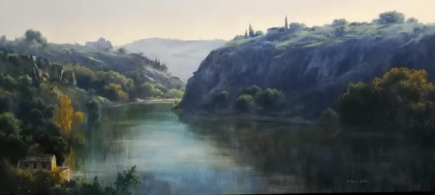 Paisaje fluvial - Óleo sobre madera preparada - 50x110