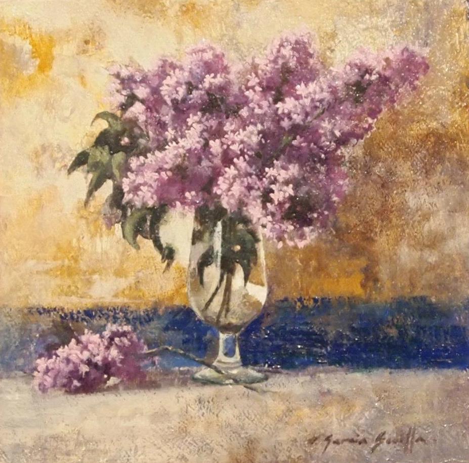 Copa con lilas - Óleo sobre madera preparada - 15x15